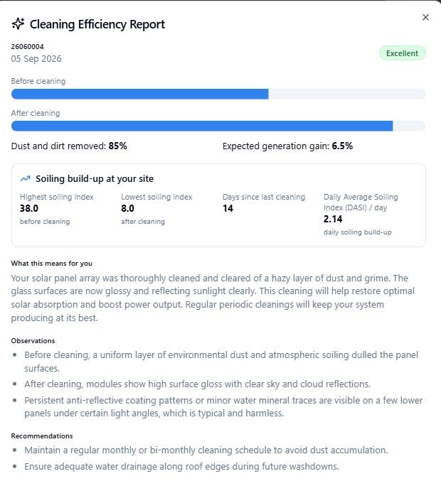 Monthly MCE cleaning efficiency report with cleaning results and recommendations