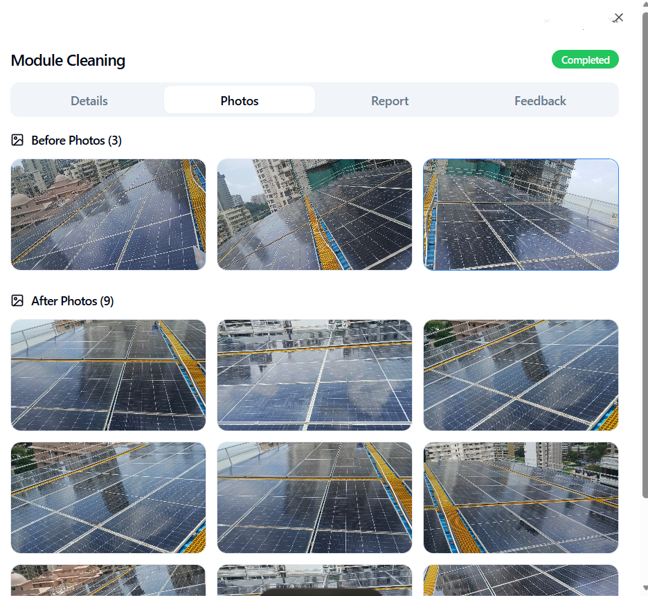 Helios proof of service showing before and after solar panel cleaning photos